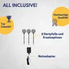 Marketing image for a dartboard set, showing accessories and features. Produktbild-Vorschau