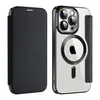 A black flip case for a smartphone is shown next to the smartphone with the case on. Produktbild-Vorschau