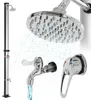 A collection of shower components, including a shower head, faucet, and a shower tower, with water droplets depicted. Náhled obrázku produktu