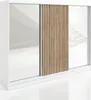A white wardrobe with mirrored doors and a wooden slatted panel. Produktbild-Vorschau