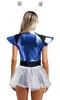 A woman wearing a blue and black alien costume with a white sparkly tutu, viewed from the back. Produktbild-Vorschau