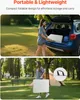 A woman is loading a folded table into the trunk of a car, and another image shows her carrying the folded table in a park. Produktbild-Vorschau