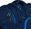 Close-up of a dark blue backpack with a geometric pattern and zipper details. Produktbild-Vorschau