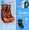 A car seat with various measurements and feature callouts. Náhled obrázku produktu
