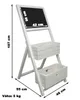 A white wooden plant stand with two tiers and a chalkboard at the top, with dimensions indicated by measurement lines and text. Podgląd zdjęcia produktu