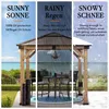 A triptych image showing a gazebo in different weather conditions: sunny, rainy, and snowy. Produktbild-Vorschau