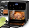 A marketing image for an air fryer, showing a roasted chicken and vegetables inside, with feature callouts. Produktbild-Vorschau