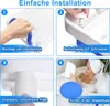 A collage of four images showing the installation steps of a bath seat and a woman using it in a bathtub. Produktbild-Vorschau