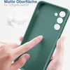 A hand touching a green phone case, with text overlay describing its features. Produktbild-Vorschau