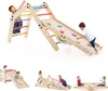 A collage of images showing children playing with a wooden climbing structure with a slide and other accessories. Podgląd zdjęcia produktu