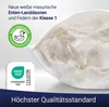 A close-up view of white down feathers inside a pillowcase, with marketing text and certification logos. Produktbild-Vorschau