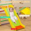 A young girl is sliding down a colorful indoor playground slide, with text overlays highlighting different zones of the slide. Náhled obrázku produktu