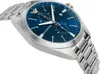 A close-up, angled view of a silver Emporio Armani watch with a blue dial. Produktbild-Vorschau