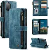 Collage of images showing a blue leather wallet-style phone case for a Samsung Galaxy A13 4G. Produktbild-Vorschau