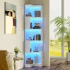 A white L-shaped corner bookshelf with blue LED lighting, filled with books and decorative items, placed in a room next to a window with a view of a green and yellow landscape. Voir les images du produit