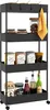 A black four-tier rolling cart filled with various kitchen items like jars, bottles, and a towel. Voir les images du produit