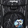 Close-up of a school backpack with a lightning pattern and a character patch. Produktbild-Vorschau