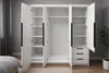An open four-door wardrobe with shelves and drawers, shown in a room setting. Produktbild-Vorschau