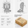 A collage of images showing a car seat, its dimensions, and its packaging. Produktbild-Vorschau