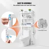 A white bathroom shelf unit placed over a toilet, with close-up insets showing assembly details and hooks. Anteprima dell’immagine prodotto