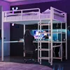 A gaming-themed loft bed with a desk and shelves, set up in a bedroom with purple lighting. Náhled obrázku produktu