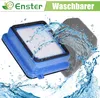 A vacuum cleaner filter and a foam filter are shown with water splashing on them, suggesting they are washable. Produktbild-Vorschau