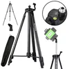 A collage of images showing a tripod for a laser level, including close-ups of the head and a laser level attached. Náhled obrázku produktu