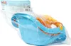 A blue baby swing seat is packaged in clear plastic, with a cardboard tag attached to the top. Produktbild-Vorschau