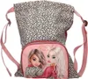 A close-up shot of a child's drawstring bag with a leopard print pattern and a front pocket featuring illustrations of two girls. Anteprima dell’immagine prodotto