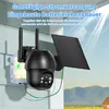 A security camera with a solar panel mounted on a wall, with a scenic background of mountains and fields. Náhled obrázku produktu