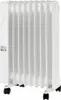 A white oil-filled radiator with wheels, shown from a slightly diagonal front view. Produktbild-Vorschau