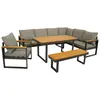 An outdoor dining and lounge set with a sectional sofa, a table, and a bench, displayed on a white background. Produktbild-Vorschau