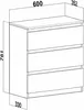 A technical drawing with dimensions of a white chest of drawers. Produktbild-Vorschau