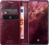 A burgundy leather flip phone case with card slots and a euro banknote is shown next to a smartphone displaying the time and date. Produktbild-Vorschau