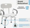 A shower chair with text overlays highlighting its features and specifications. Produktbild-Vorschau