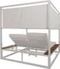 A white aluminum outdoor lounge bed with creme cushions and brown wooden accents. Produktbild-Vorschau