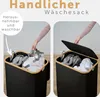 A split image showing a person using a laundry basket. The left side shows the person removing a laundry bag from the basket, and the right side shows the person closing the lid of the basket. Náhled obrázku produktu