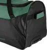 A close-up view of the bottom corner of a green and black rolling travel bag. Produktbild-Vorschau