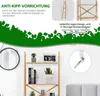 A shelf unit with books and decorative items, with marketing text and diagrams about its features. Produktbild-Vorschau