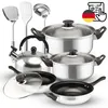 A collection of stainless steel cookware and kitchen utensils arranged on a white background. Voir les images du produit