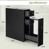 A black cabinet with dimensions indicated by measurement lines and text. Náhled obrázku produktu