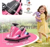 A girl holding a stuffed bunny stands next to a pink ride-on car. The image includes close-ups and dimensions of the car. Náhľad obrázku produktu
