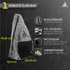 A diagram highlighting the features of a grey sling bag with black accents, with dimensions and feature callouts. Produktbild-Vorschau