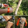 Collage showing a portable hand chainsaw being used to cut wood in an outdoor setting. Náhled obrázku produktu