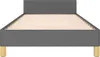 A dark gray fabric bed frame with a wooden slatted base and light brown legs, shown from the front. Náhled obrázku produktu