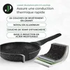 A frying pan with a cutaway view showing its layered construction, accompanied by text describing its features. Produktbild-Vorschau