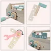 A collage of four images showing different parts and features of a wooden toy toolbox and its accessories. Produktbild-Vorschau
