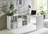 A modern white L-shaped desk with a modular shelving unit in a home office setting. Produktbild-Vorschau