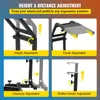 A collage of four images showing different adjustable features of a racing wheel stand. Produktbild-Vorschau