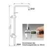 A diagram showing the dimensions of a shower arm, with a close-up of a caliper measuring a threaded connection. Podgląd zdjęcia produktu
